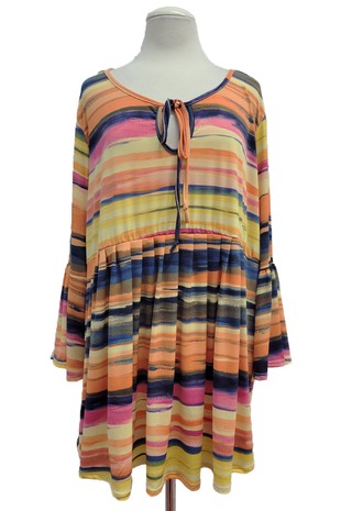 Stripe Pink Blue Orange Yellow Tie Neck Shirt Top