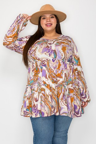 Purple Brown Teal Swirl Tiered Shirt Top