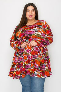 Gorgeous Purple Orange Floral Tiered Shirt Top