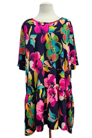 Gorgeous Navy Blue Pink Floral Ruffle Hem Shirt Top