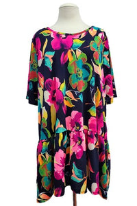 Gorgeous Navy Blue Pink Floral Ruffle Hem Shirt Top