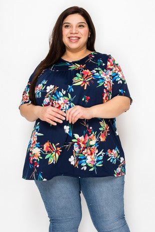 Navy Floral Shirred Upper Shirt Top