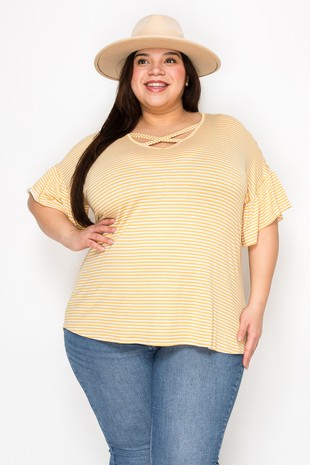 Golden Yellow Stripe Shirt Top w X Neck Line