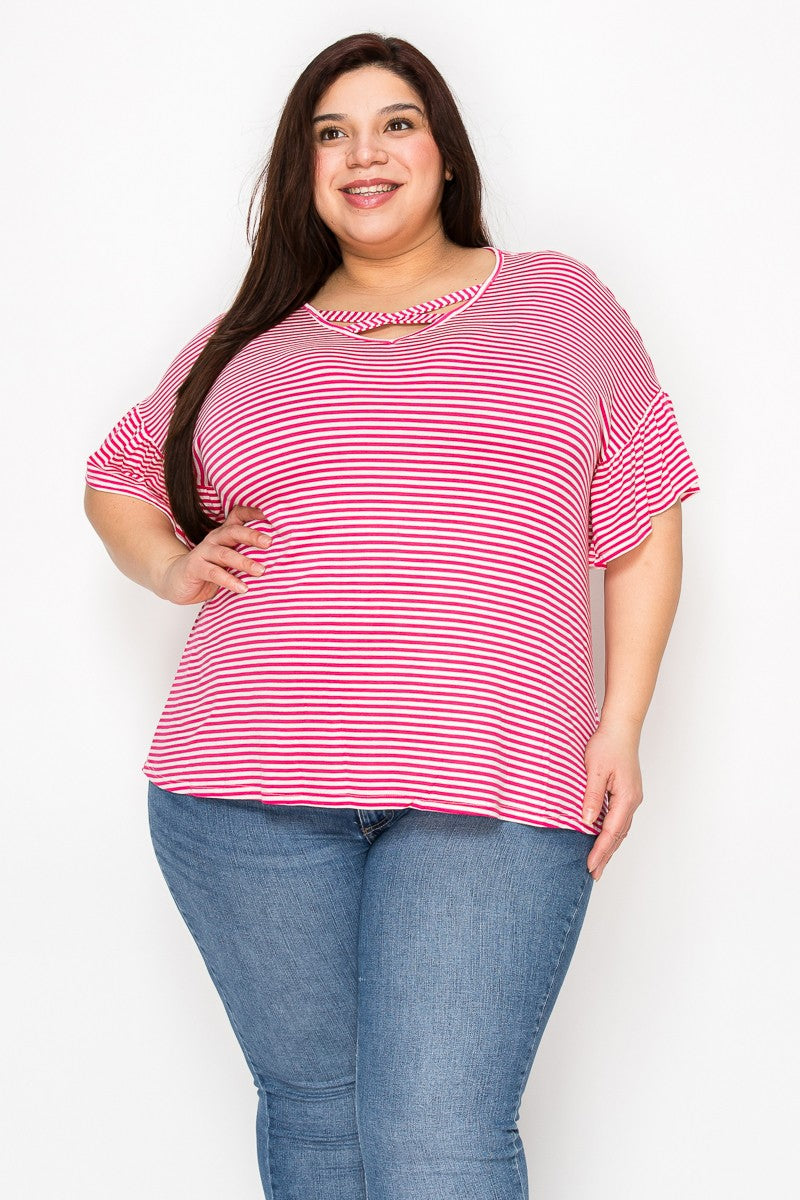 Raspberry Criss Cross Neckline Stripe Shirt Top