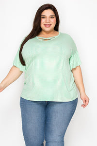 Mint Criss Cross Neckline Stripe Shirt Top