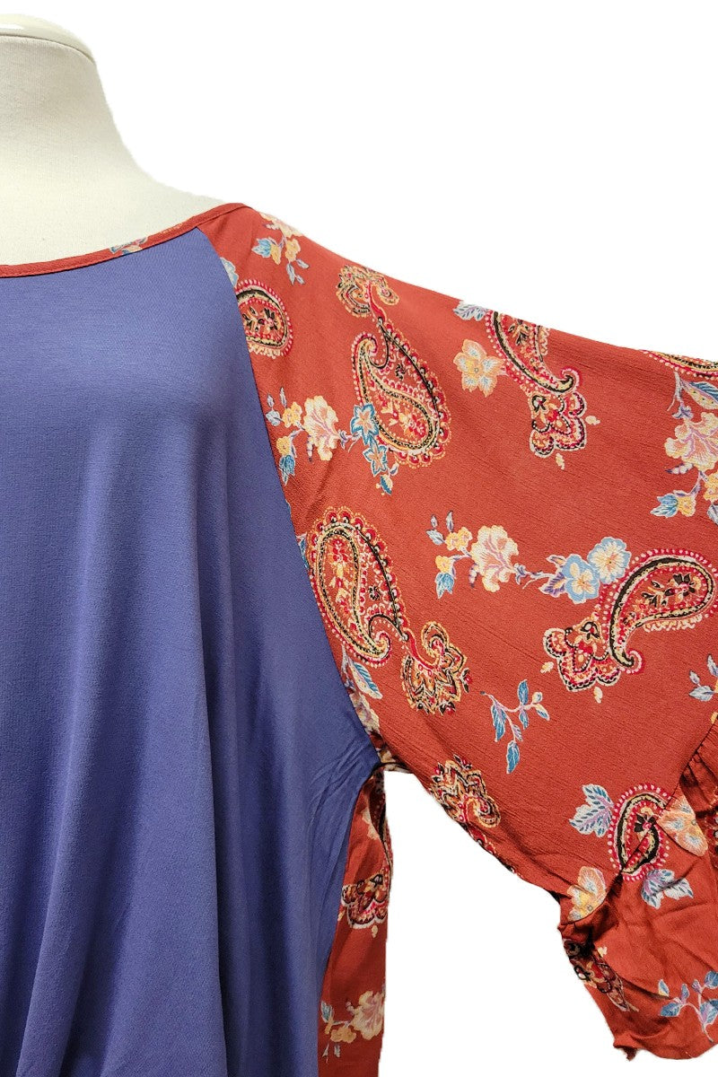 Blue Knot Front Shirt Top w Gorgeous Paisley Sleeves