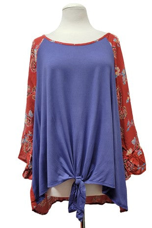 Blue Knot Front Shirt Top w Gorgeous Paisley Sleeves