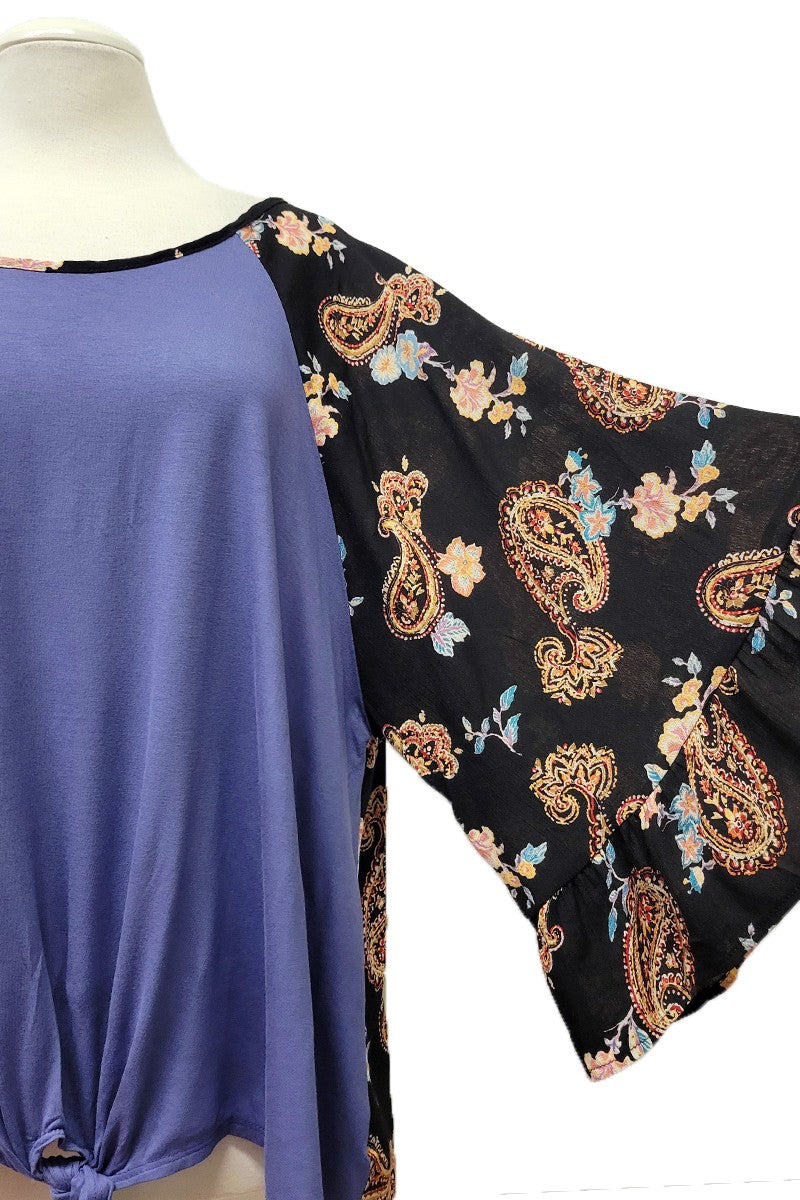 Blue Shirt Top with Gorgeous Black Paisley Sleeves