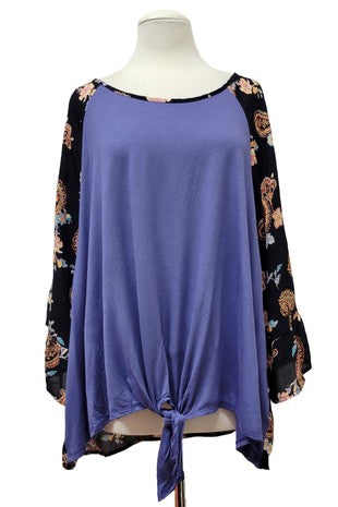 Blue Shirt Top with Gorgeous Black Paisley Sleeves