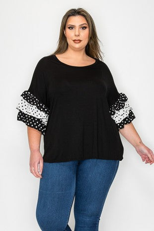 Black Shirt Top Black & White Polka Dot Sleeves