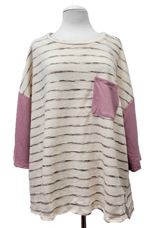 Beige Pink Stripe Pocket Shirt Top
