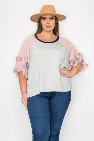 Gray Shirt Top w Pink Floral Sleeves and Navy Neckline