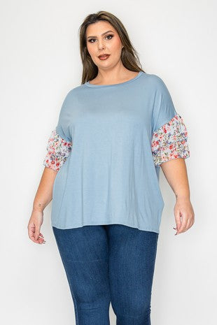 Blue Shirt Top with Floral Ruffle Sleeves