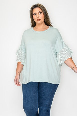 Light Green Shirt Top w Checkered Sleeves