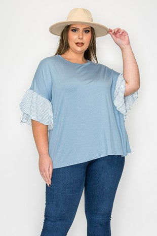 Blue Shirt Top w Checkered Sleeves