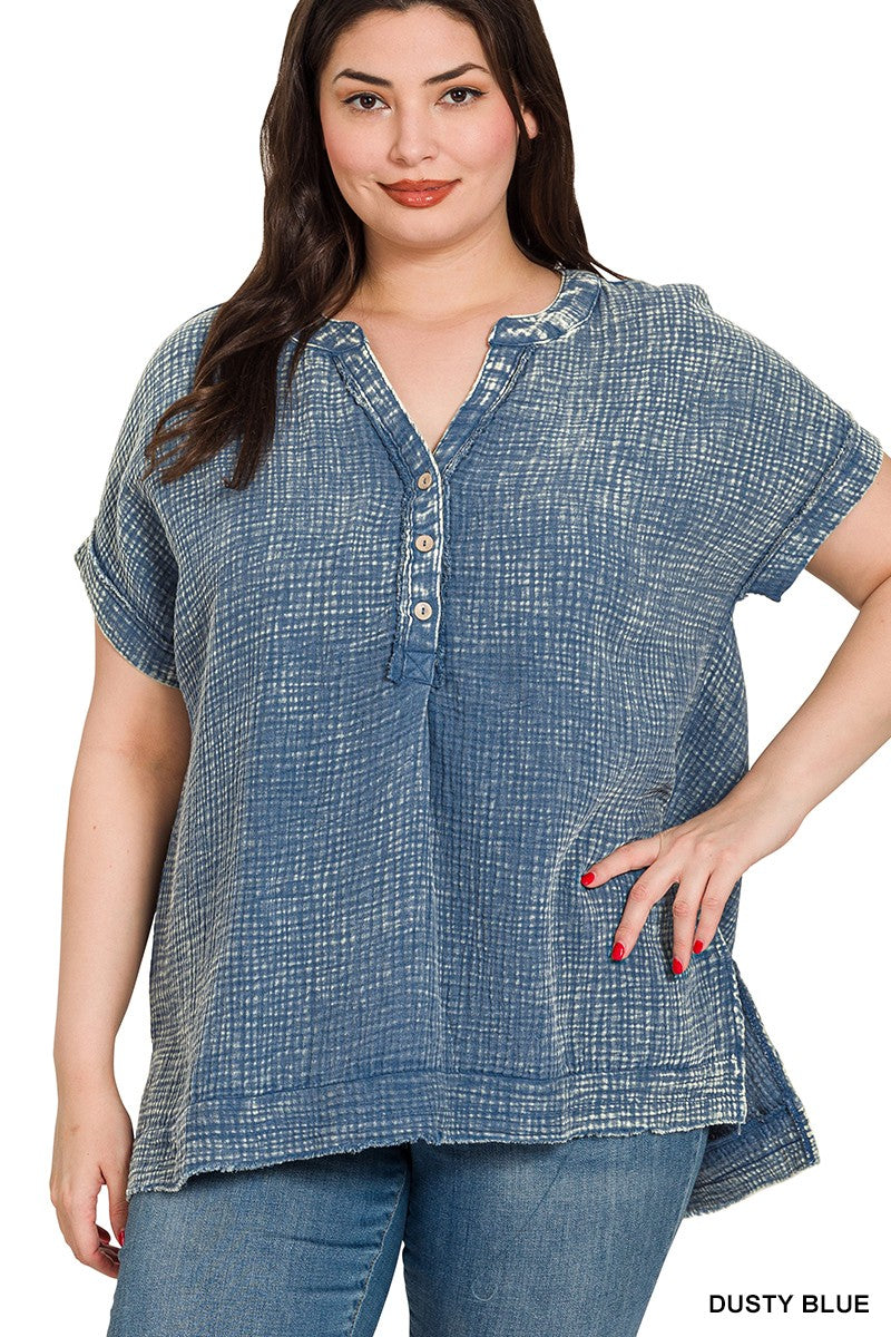 Dusty Blue Button Henley Shirt Top