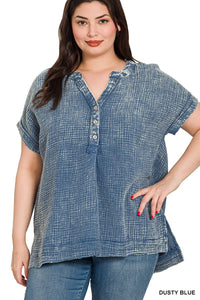 Dusty Blue Button Henley Shirt Top