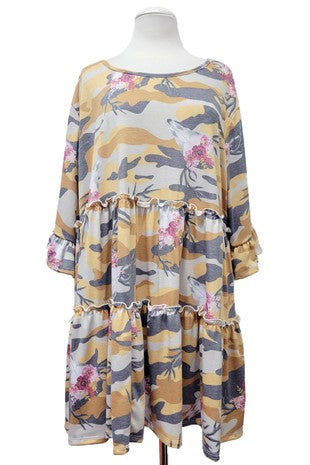 Yellow Gray Camo Steerhead Floral Tiered Shirt Top
