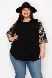PSFU Black Floral Sleeve Cold Shoulder Shirt Top