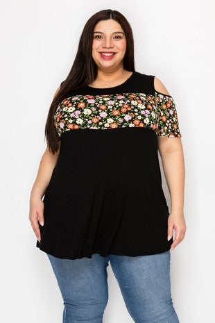 Black Floral Cold Shoulder Shirt Top