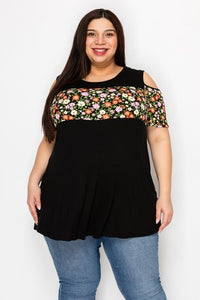 Black Floral Cold Shoulder Shirt Top