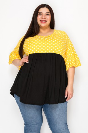 PSFU Black & Yellow Polka Dot X Neck Shirt Top