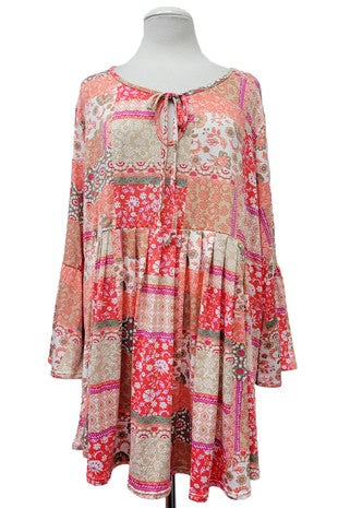 Pink Green Orange Patchwork Shirt Top Tunic w Tie Neck