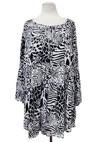 Black & White Animal Print Shirt Top w Tie Neck