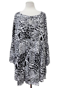 Black & White Animal Print Shirt Top w Tie Neck