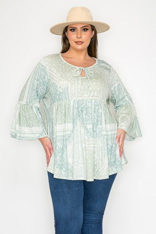 Mint Green Paisley Patchwork Tie Neck Shirt Top
