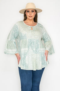 Mint Green Paisley Patchwork Tie Neck Shirt Top