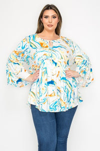White Blue Green Tie Neck Shirt Top