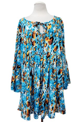 Blue Teal Animal Design Shirt Top w Tie Neck