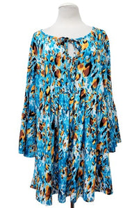 Blue Teal Animal Design Shirt Top w Tie Neck