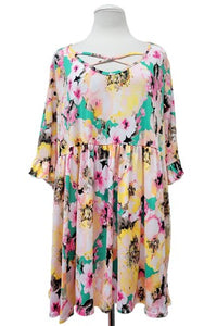 Mint Pink Yellow Floral X Neck Shirt Top Tunic