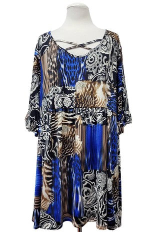 Blue Black Brown X Neck Gorgeous Print Shirt Top Tunic