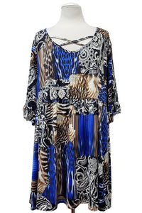 Blue Black Brown X Neck Gorgeous Print Shirt Top Tunic