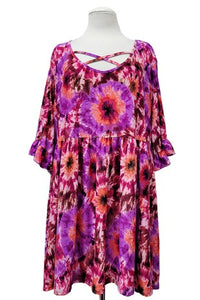 Purple Magenta Tie Dye X Neck Shirt Top Tunic
