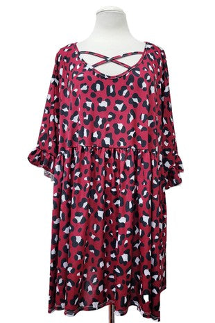 Burgundy Black Animal Print X Neck Shirt Top Tunic