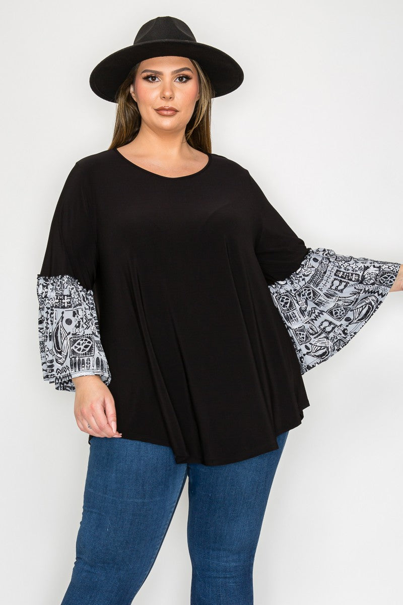 Black Shirt Top with Gray Black Design Bell Sleeves