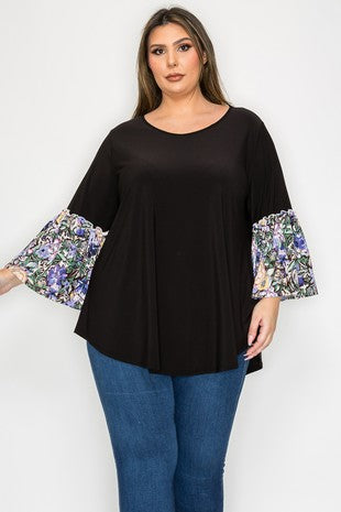 Black Shirt Top w Beautiful Floral Sleeves
