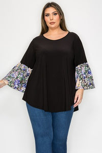 Black Shirt Top w Beautiful Floral Sleeves