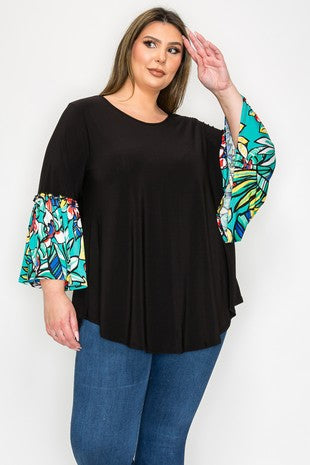 Black Top w Green Tropical Sleeve Shirt Top