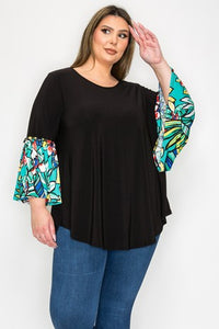 Black Top w Green Tropical Sleeve Shirt Top