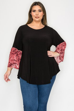 Black Shirt Top w Gorgeous Wine Color Bell Sleeves