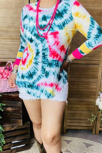 Tie Dye Varsity Stripe Sleeves Shirt Top