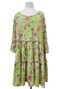 Bright Lime Floral Tiered Tunic Shirt Top