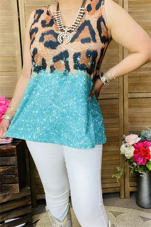 Leopard and Turquoise Tank Top Shirt