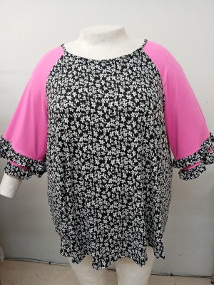 PSFU Black & White Floral Shirt Top w Pink Sleeves