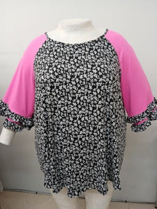PSFU Black & White Floral Shirt Top w Pink Sleeves